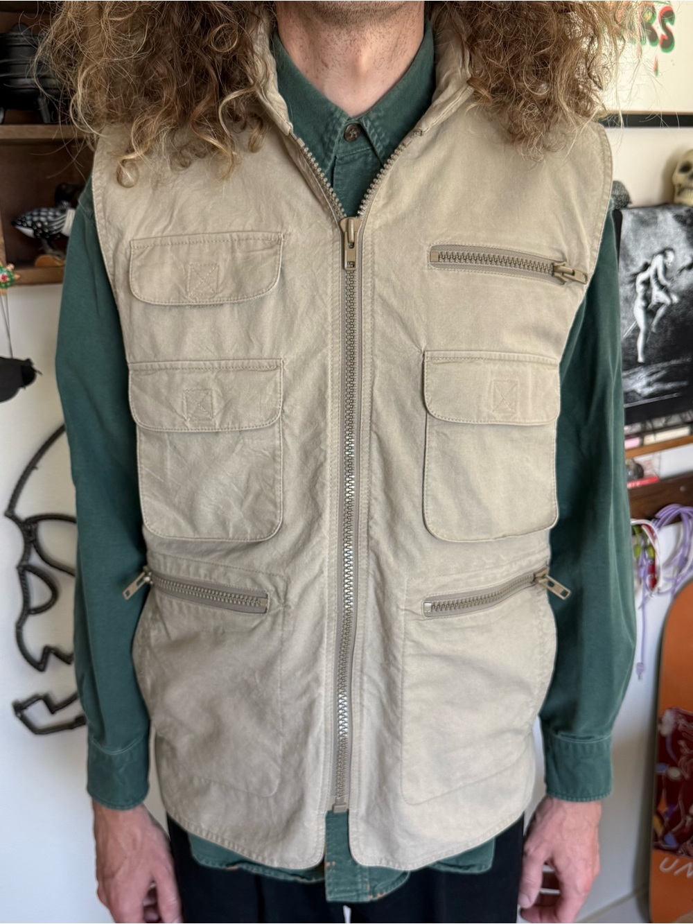 Vintage 80s Banana Republic Tan Safari Vest w Hidden Hood ~ Size Medium